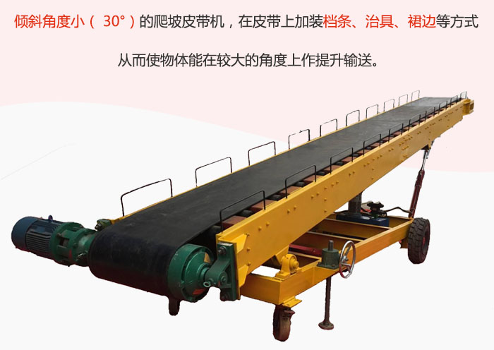 傾斜角度小（ 30°）的爬坡皮帶機(jī)，在皮帶上加裝檔條、治具、裙邊等方式從而使物體能在較大的角度上作提升輸送。